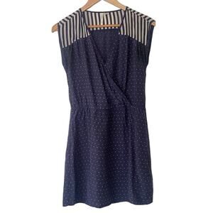 Macys Petticoat Alley 100% Silk Blue Cream Dot and Stripe Day Dress • Size XS ⬇️